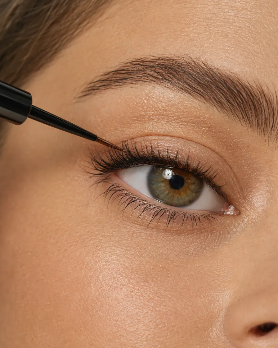 Serum applicator drawing a line along the upper lash base