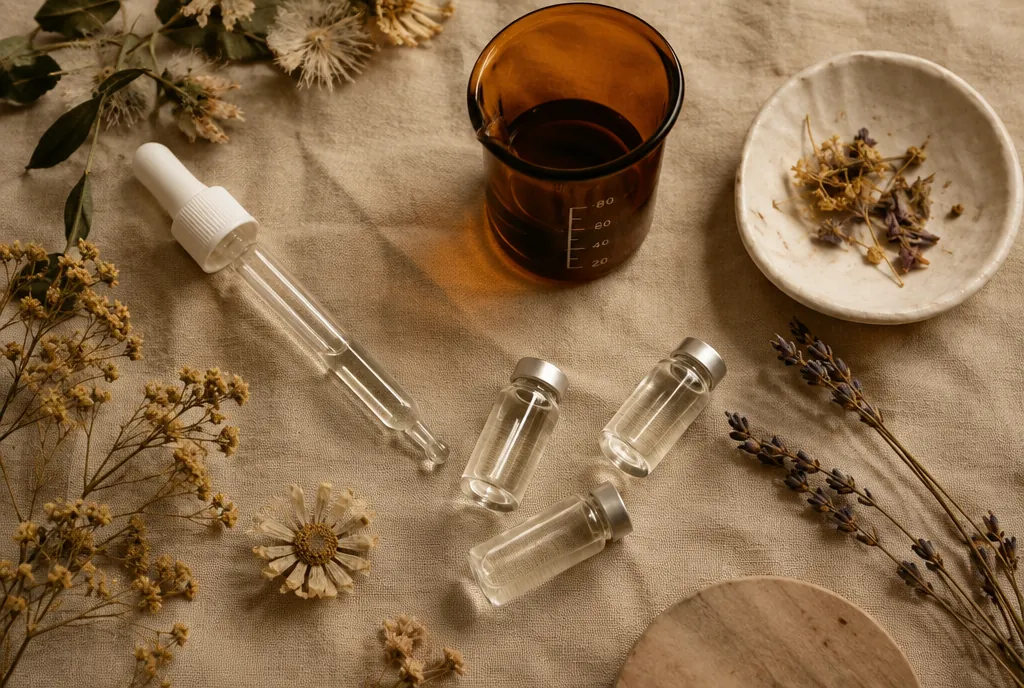 Flat lay of glass droppers, serum vials and dried botanicals on linen
