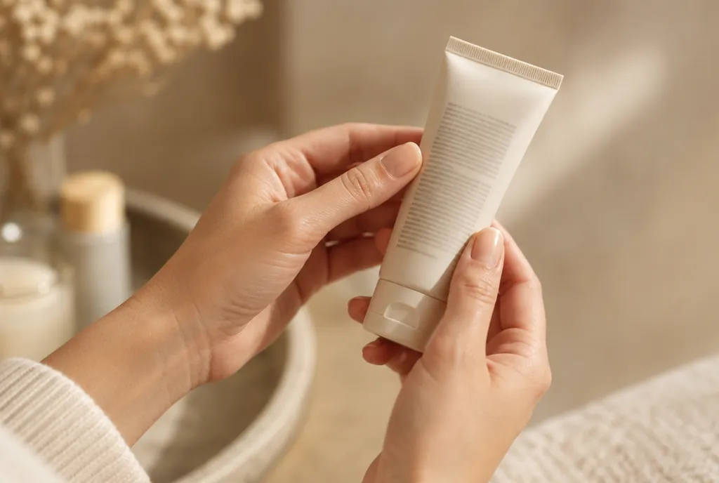 Hands holding a cosmetic tube and reading the ingredient label