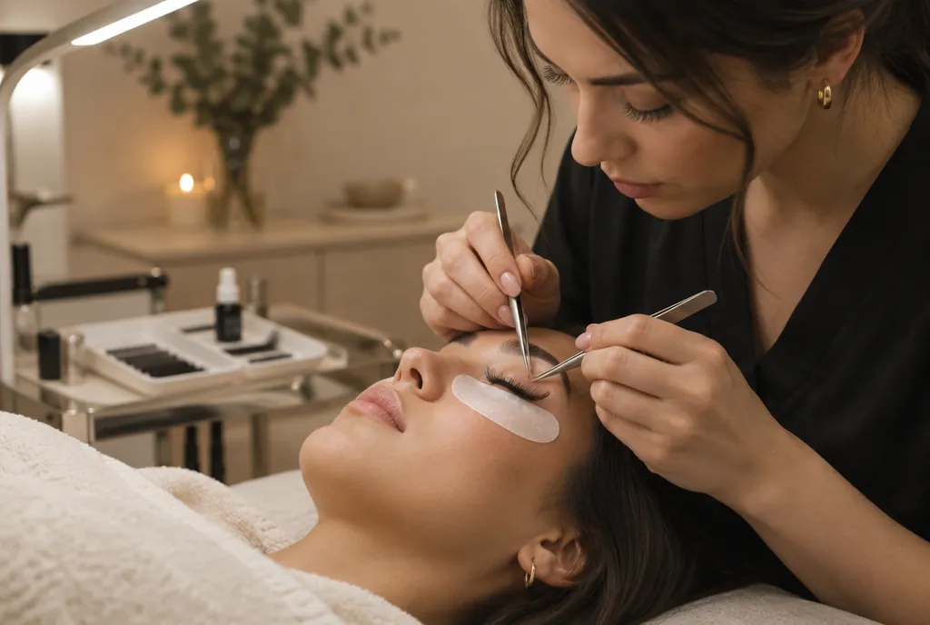 Lash technician applying eyelash extensions in a salon