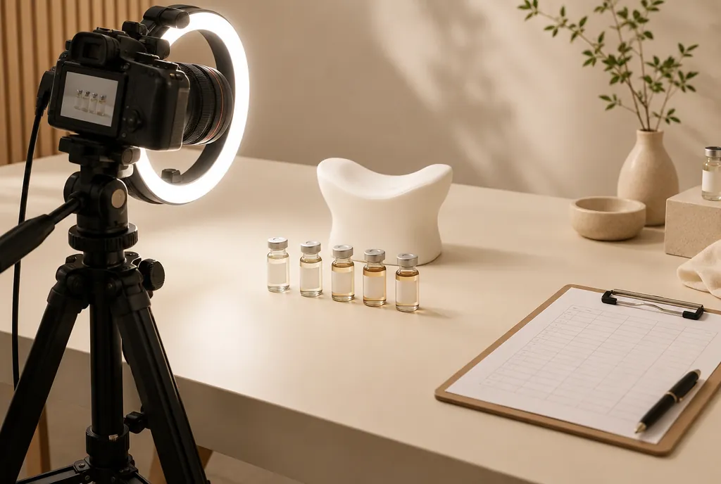 Studio testing setup with camera, ring light and serum vials